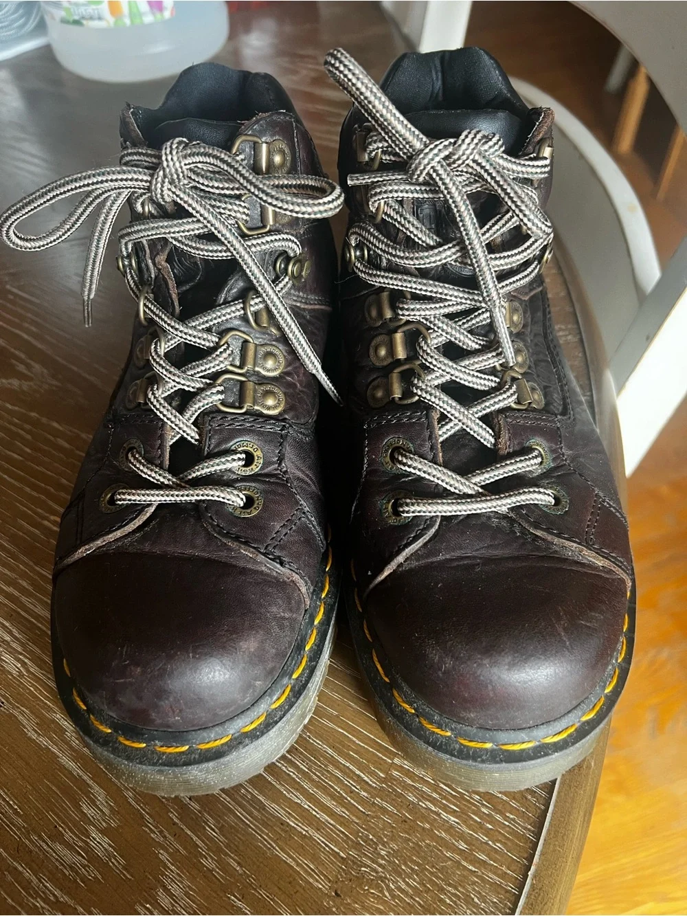 Dr. Martens Dark Brown Leather Lace-Up Boots with Yellow Stitching